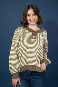 Shimmer Yarn V Neck Stripe Sweater