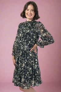 Floral Smocked Yoke Tiered Dress - Black
