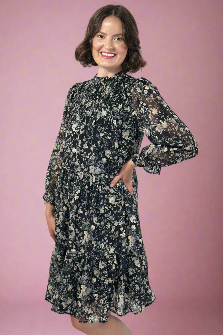 Floral Smocked Yoke Tiered Dress - Black