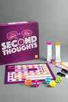 An image of the game Second Thoughts, a quick thinking vs fast talking game. Includes two sand timers, board, die, makers, and instructions. For ages 8 years+.