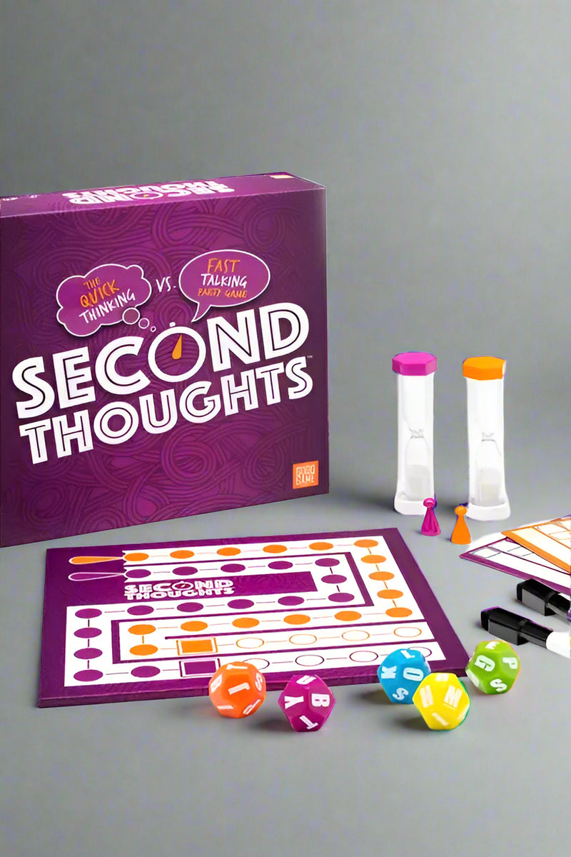 An image of the game Second Thoughts, a quick thinking vs fast talking game. Includes two sand timers, board, die, makers, and instructions. For ages 8 years+.
