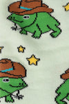 Pattern of green frogs wearing brown cowboy hats on a white background