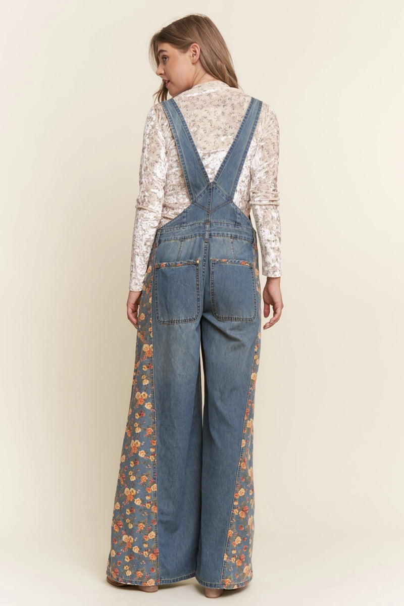 Denim Floral Contrast Wide Leg Overalls