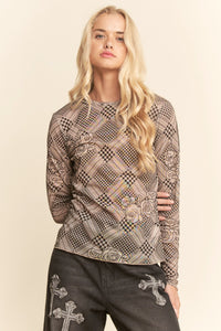 Floral Plaid Velvet Mesh Top - Taupe