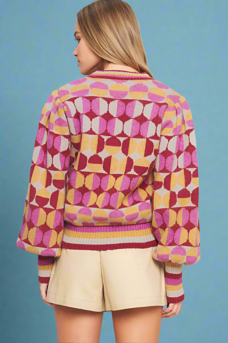Multicolor Circle Puff Sleeve Sweater - Ivory