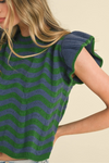 Wavy Stripes Flutter Sleeve Sweater Top - Green