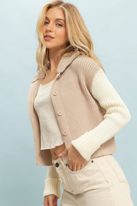 Contrasting Sleeves Sweater Cardigan - Sand