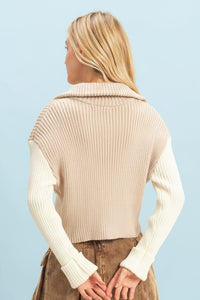 Contrasting Sleeves Sweater Cardigan - Sand