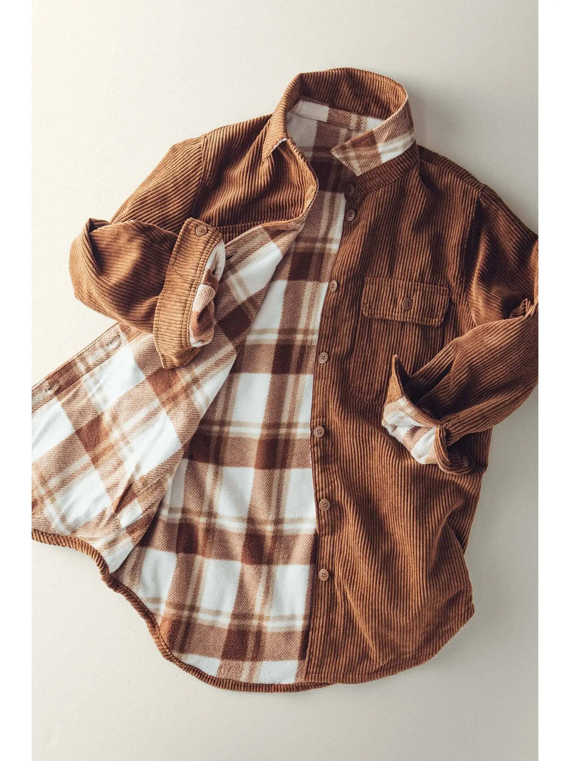 Reversible Plaid Corduroy Shacket - Brown