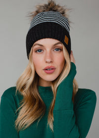 Dk. Gray & White Striped Pom Hat