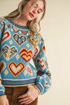 Heart Pattern Pullover Sweater - Blue