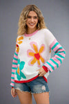 Multicolor Floral Striped Knit Sweater - Teal