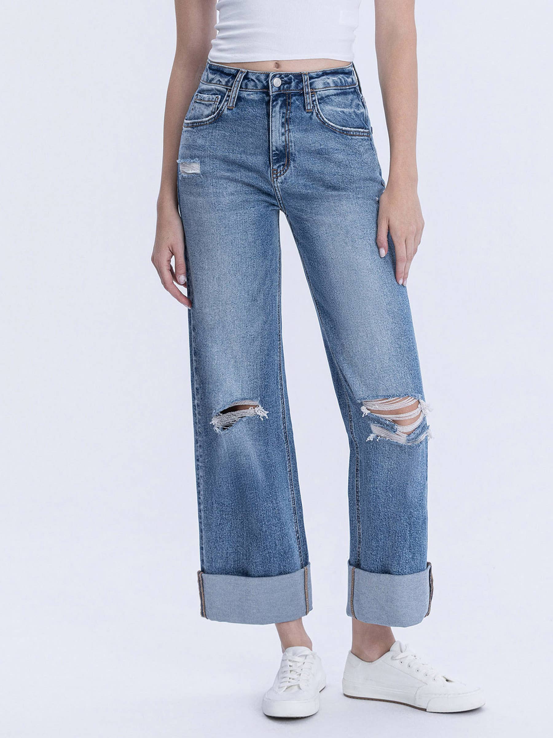 Super HR Double Cuffed Baggy Wide Jeans LV37