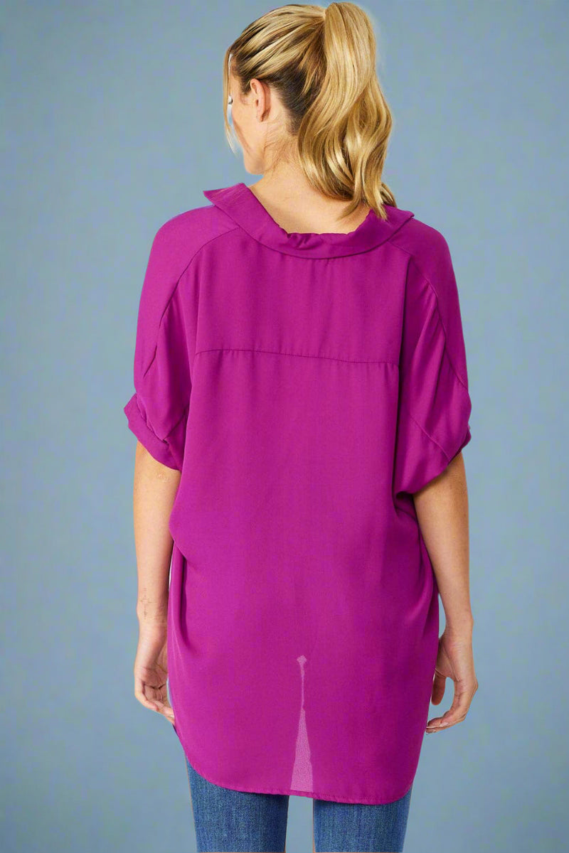 Oversized Button Down Short Sleeve Solid Top - Magenta