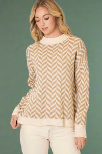 High Neck Herringbone Sweater - Natural