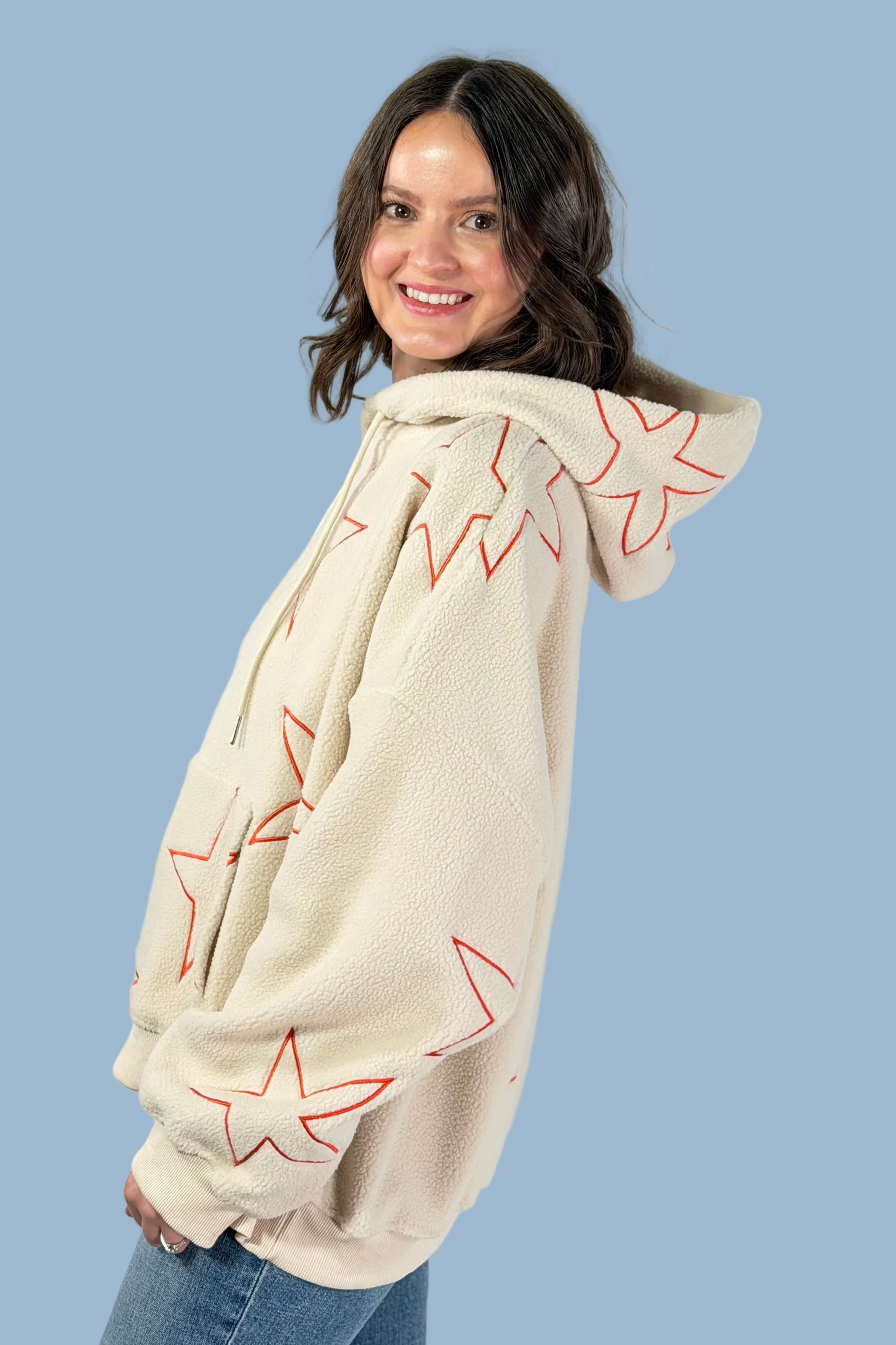 Star Embroidery Pullover Hoodie - Ivory