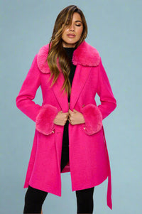 Faux Fur-Trimmed Belted Coat - Hot-Pink