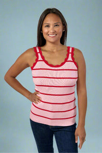 Scalloped Edge Knit Striped Tank Top - Rose