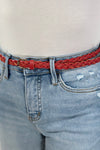 Faux Leather Skinny Braided Belt - Red