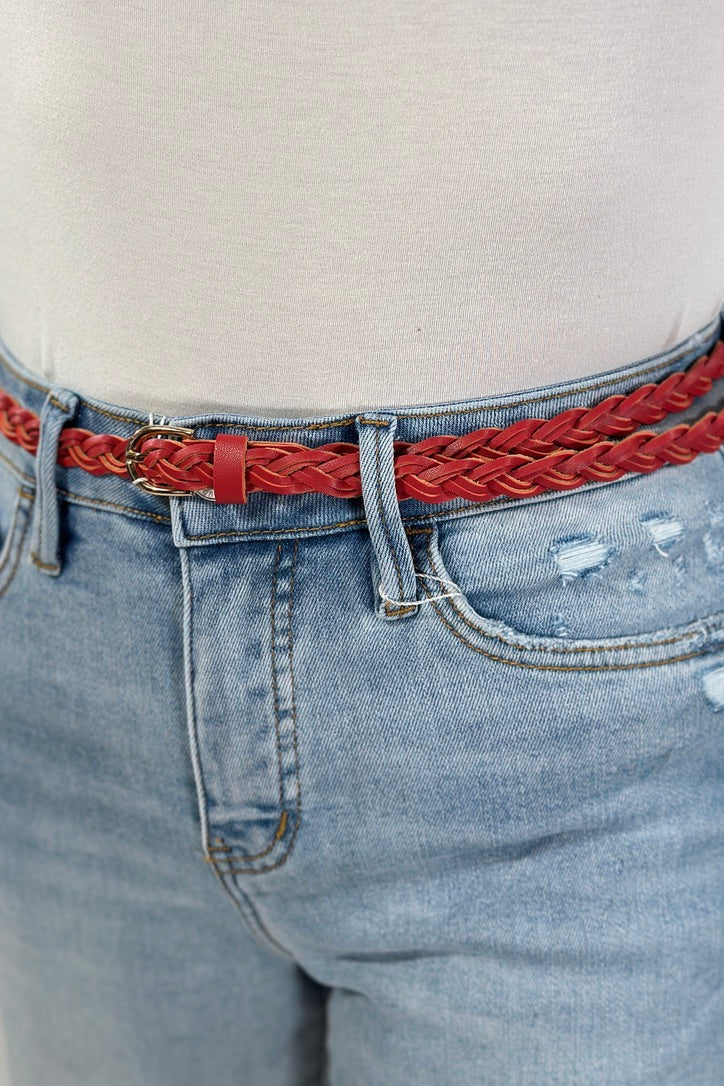 Faux Leather Skinny Braided Belt - Red