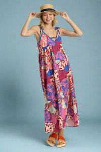 Mixed Print Spaghetti Tie Strap Dress Blue
