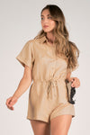 Short Sleeve Linen Romper Taupe