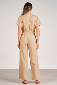 Short Sleeve Linen Jumpsuit Taupe