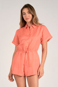 Short Sleeve Linen Romper Coral