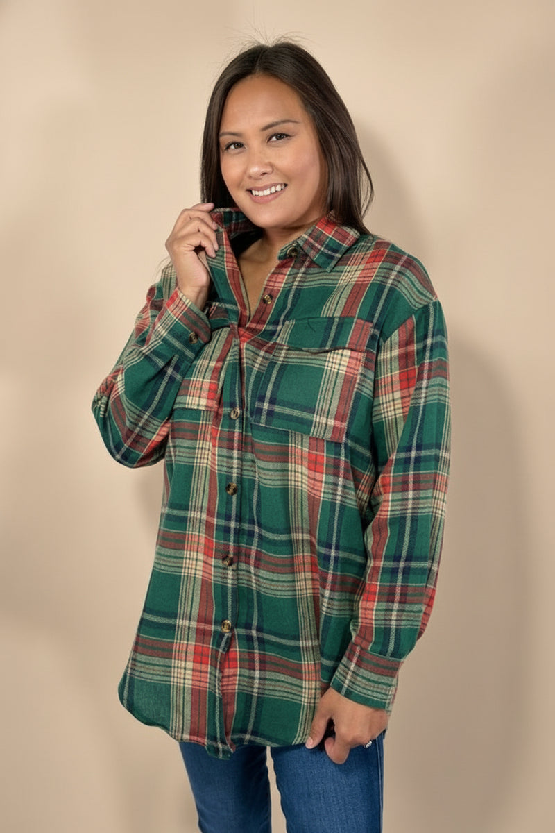 Plaid Button Up Flannel Shirt - Dark Green