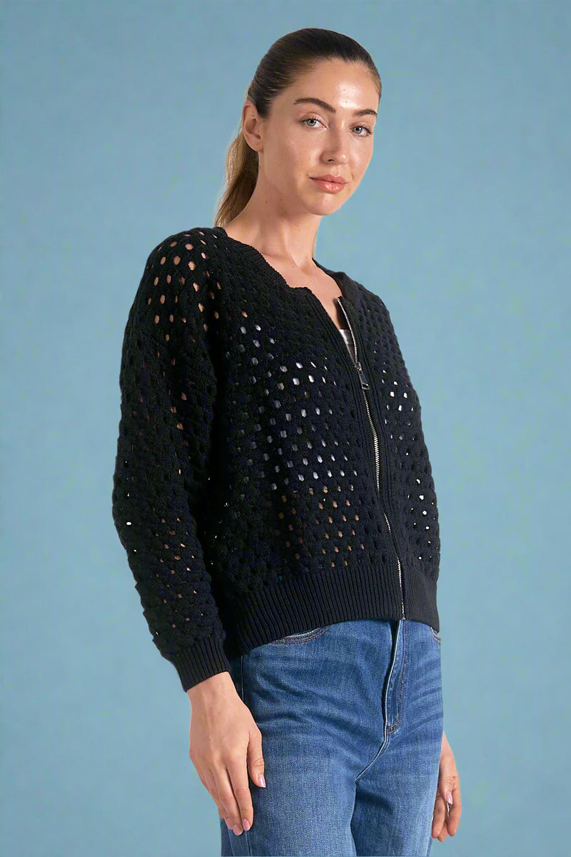Open Knit Zip Up - Black