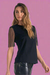 A black crew neck. It has a boxy fit with mesh short sleeve details.