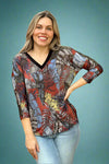 Floral V-Neck 3/4 Sleeve Top Rust