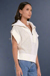 Open Knit Quarter Zip Sweater - White