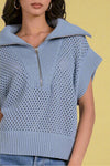 Open Knit Quarter Zip Sweater - Blue