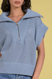 Open Knit Quarter Zip Sweater - Blue