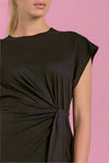 Black sleeveless dress with knot detail on a plain background
