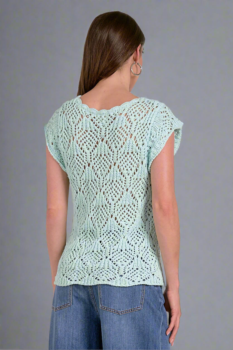 Open Knit Sweater Tee - Light Aqua