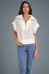 Open Knit Quarter Zip Sweater - White