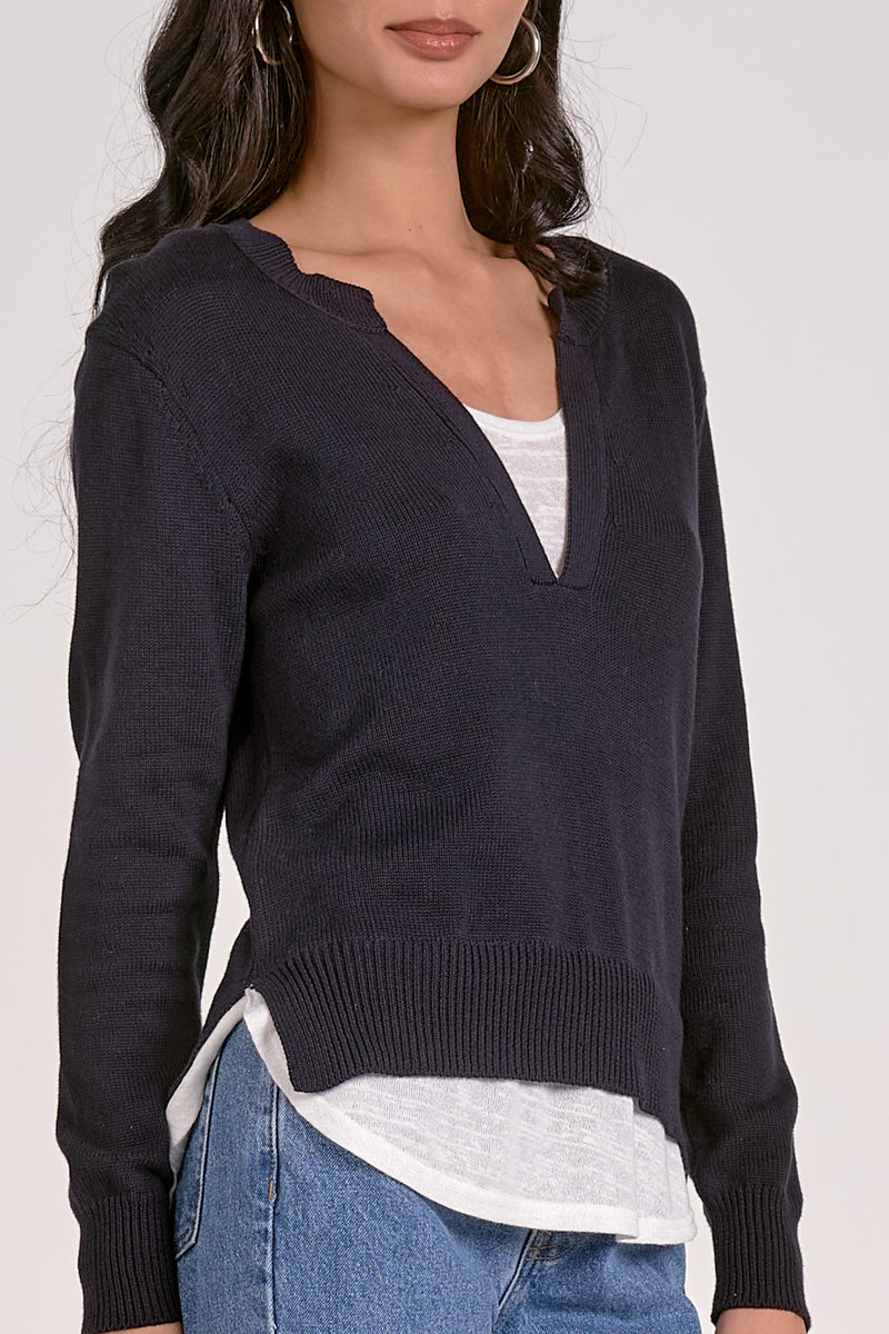 Layered Split Neck Top - Navy