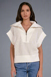 Open Knit Quarter Zip Sweater - White