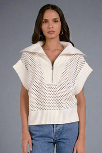Open Knit Quarter Zip Sweater - White
