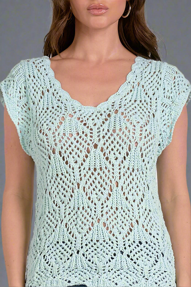 Open Knit Sweater Tee - Light Aqua