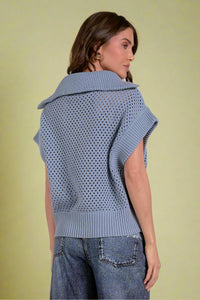 Open Knit Quarter Zip Sweater - Blue