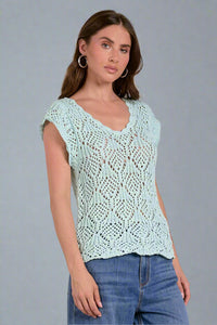 Open Knit Sweater Tee - Light Aqua
