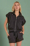Cap Sleeve Zip Up - Black