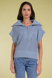 Open Knit Quarter Zip Sweater - Blue