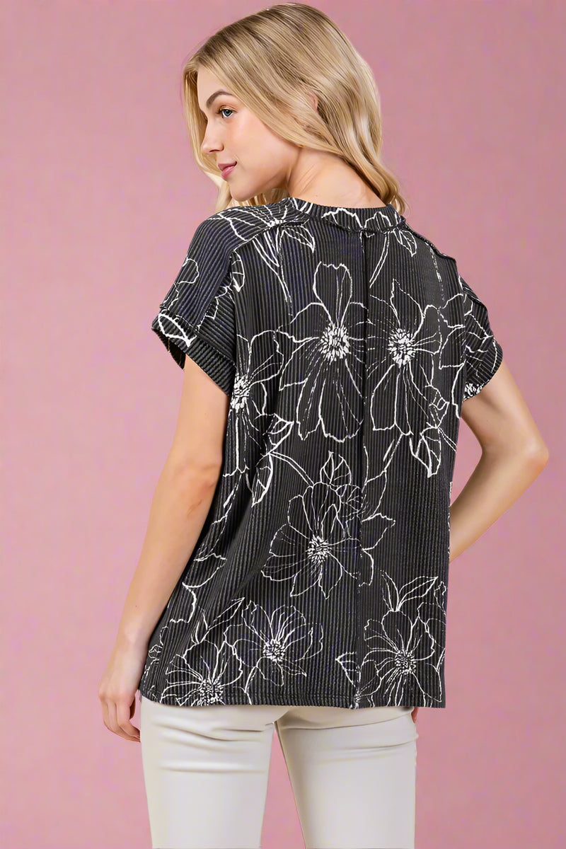 Rib Knit Floral T-Shirt - Black