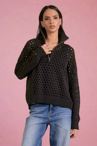 Open Knit Half Zip Sweater - Black