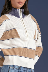 Zip Up Mock Neck Sweater - Tan Stripe