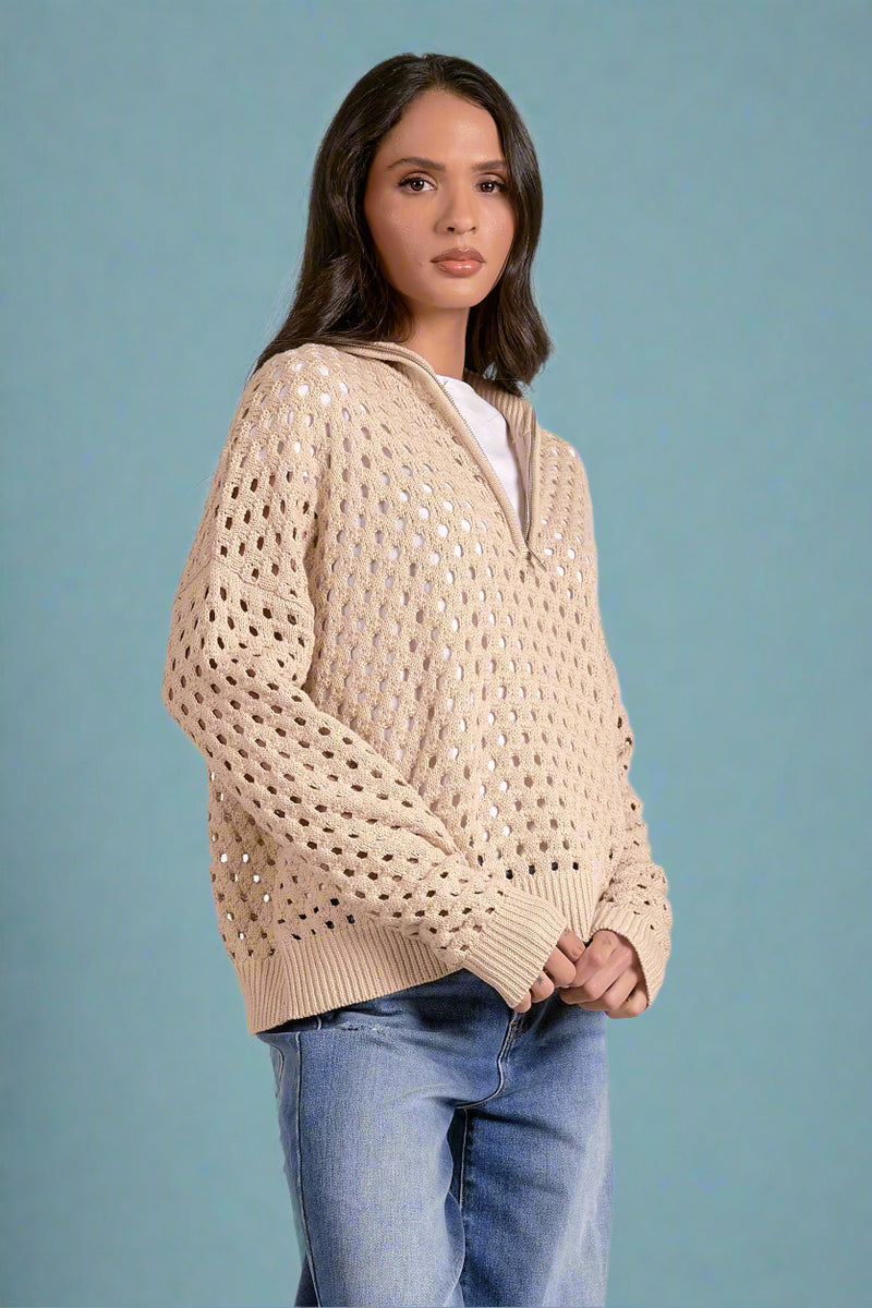 Open Knit Half Zip Sweater - Oat